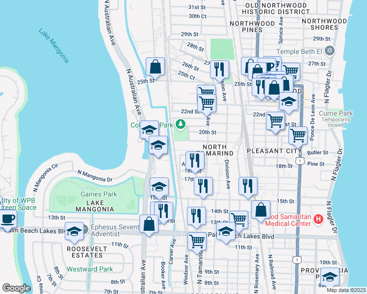 map of restaurants, bars, coffee shops, grocery stores, and more near 1035 Grant Street in West Palm Beach