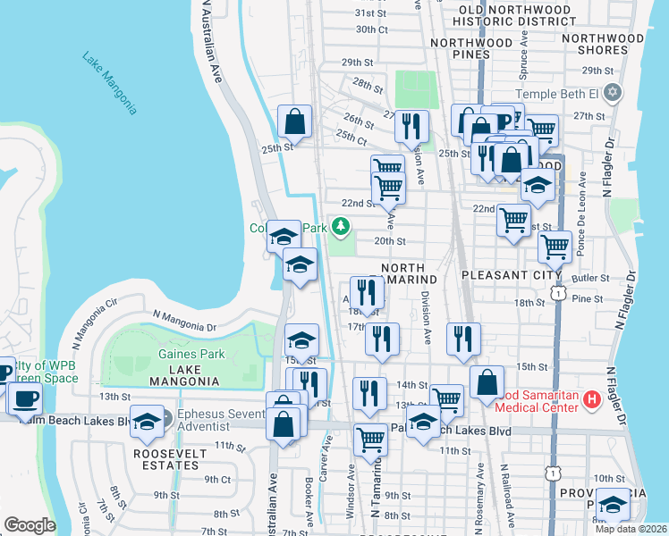 map of restaurants, bars, coffee shops, grocery stores, and more near 1125 Grant St in West Palm Beach