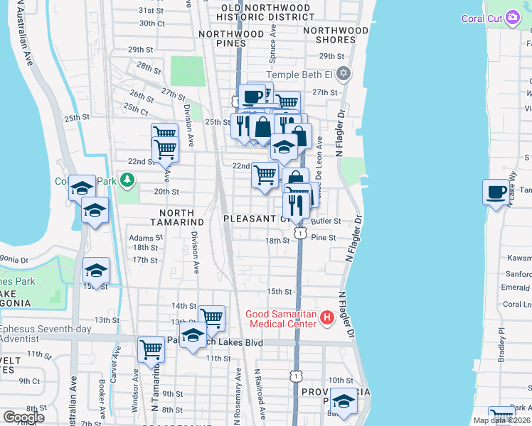 map of restaurants, bars, coffee shops, grocery stores, and more near 2009 Spruce Avenue in West Palm Beach