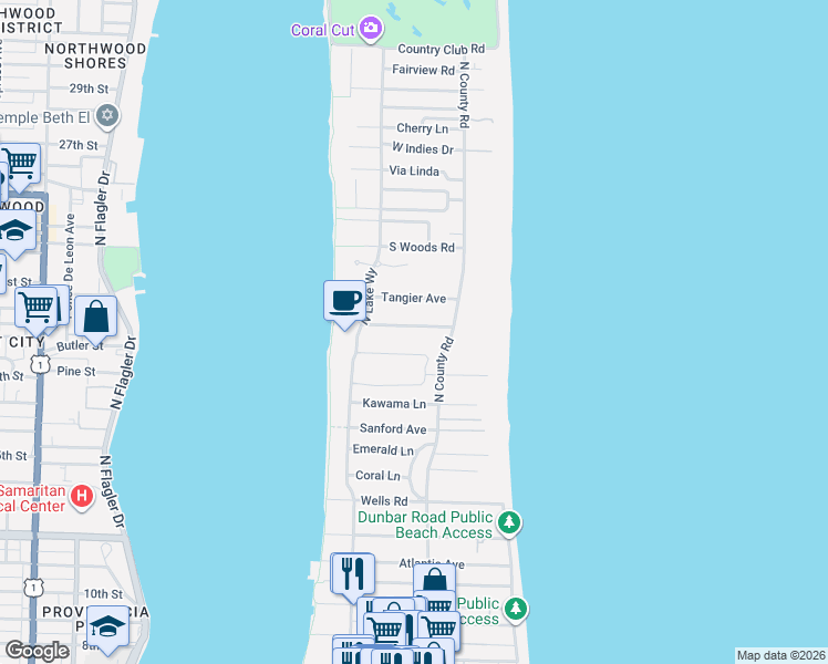 map of restaurants, bars, coffee shops, grocery stores, and more near 230 Miraflores Drive in Palm Beach