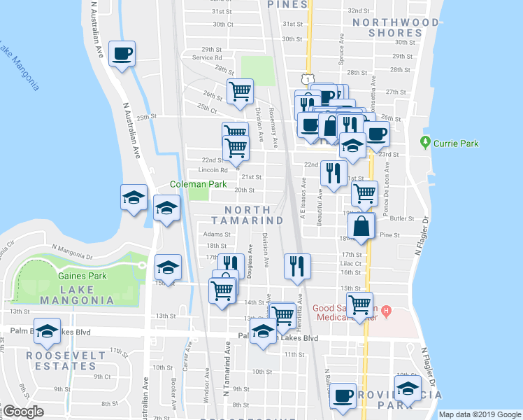 map of restaurants, bars, coffee shops, grocery stores, and more near 1909 Division Avenue in West Palm Beach