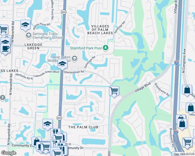 map of restaurants, bars, coffee shops, grocery stores, and more near 600 Green Springs Place in West Palm Beach