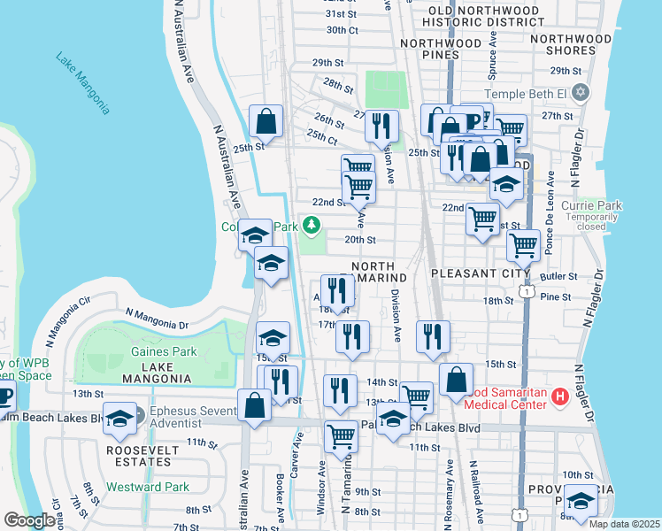 map of restaurants, bars, coffee shops, grocery stores, and more near 1035 Grant Street in West Palm Beach