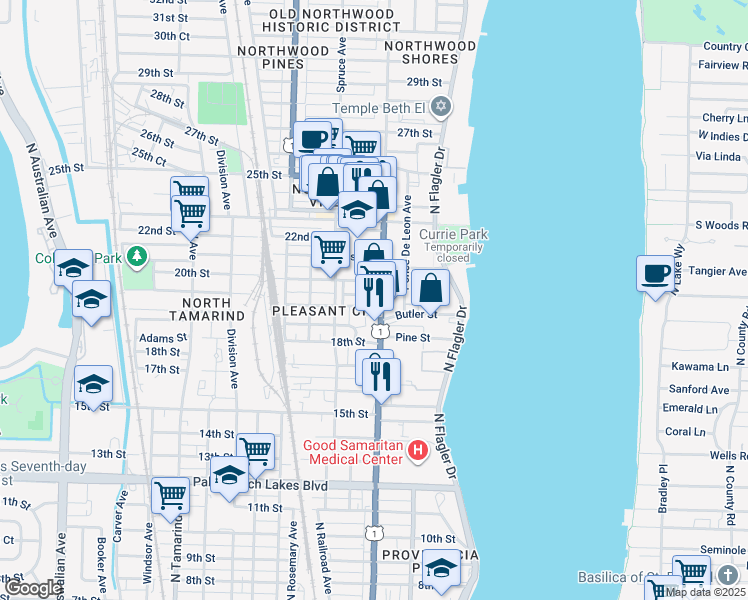 map of restaurants, bars, coffee shops, grocery stores, and more near 2007 North Dixie Highway in West Palm Beach