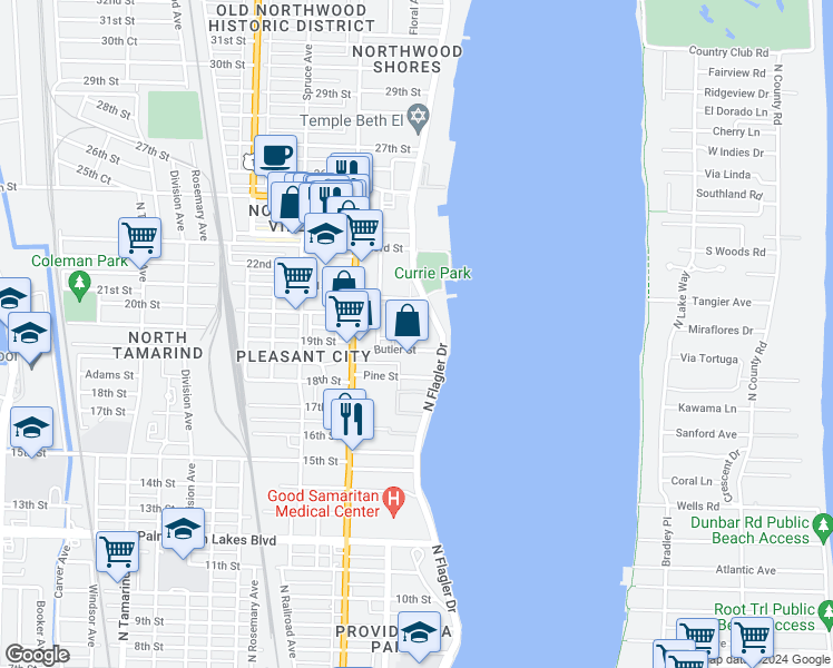 map of restaurants, bars, coffee shops, grocery stores, and more near 2010 Broward Avenue in West Palm Beach