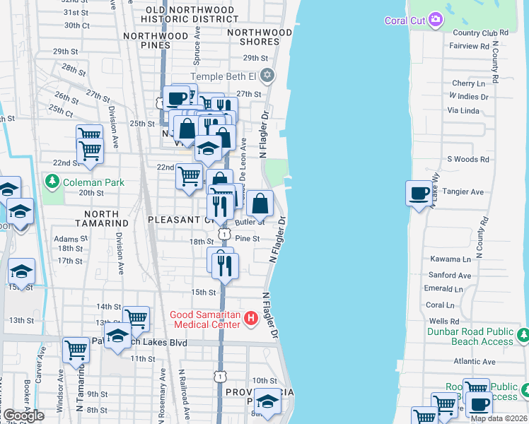 map of restaurants, bars, coffee shops, grocery stores, and more near 2010 Broward Avenue in West Palm Beach