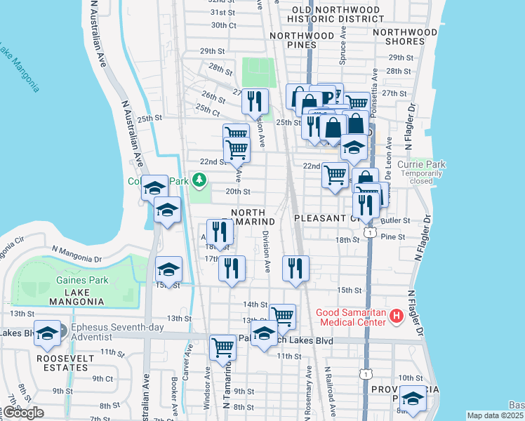 map of restaurants, bars, coffee shops, grocery stores, and more near 1909 Division Avenue in West Palm Beach