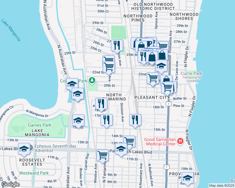 map of restaurants, bars, coffee shops, grocery stores, and more near 1909 Division Avenue in West Palm Beach