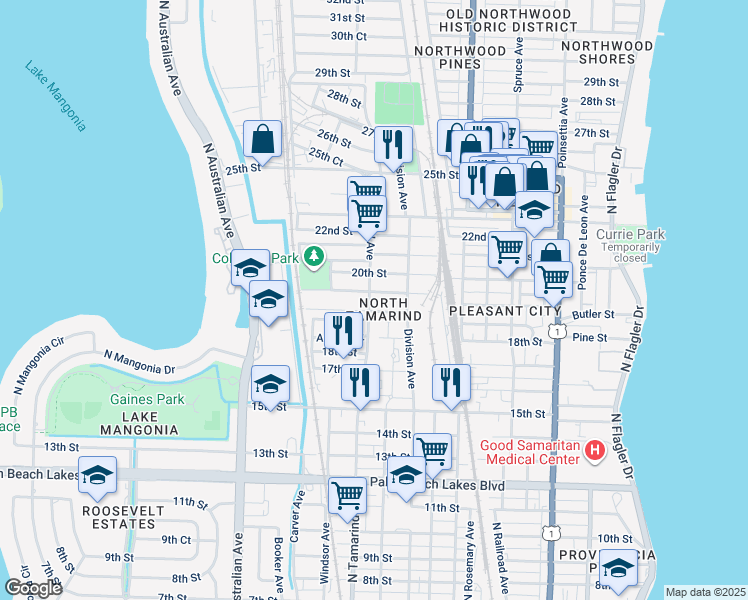 map of restaurants, bars, coffee shops, grocery stores, and more near 1940 North Tamarind Avenue in West Palm Beach