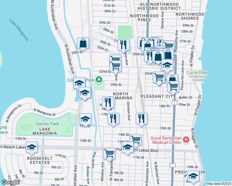 map of restaurants, bars, coffee shops, grocery stores, and more near 1940 North Tamarind Avenue in West Palm Beach