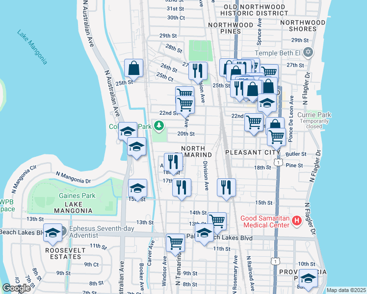 map of restaurants, bars, coffee shops, grocery stores, and more near 1940 North Tamarind Avenue in West Palm Beach