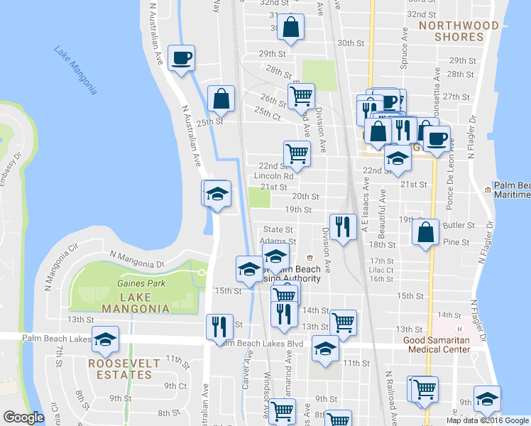 map of restaurants, bars, coffee shops, grocery stores, and more near 1035 Grant Street in West Palm Beach