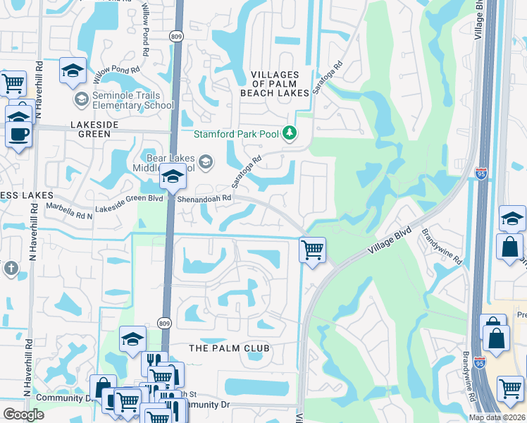 map of restaurants, bars, coffee shops, grocery stores, and more near 600 Green Springs Place in West Palm Beach