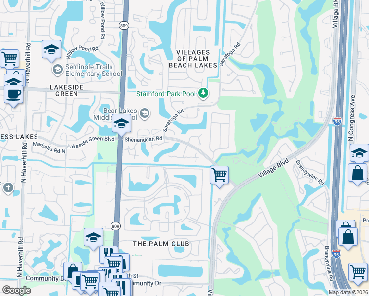 map of restaurants, bars, coffee shops, grocery stores, and more near 600 Green Springs Place in West Palm Beach