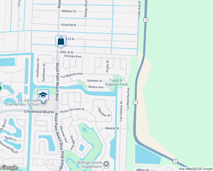 map of restaurants, bars, coffee shops, grocery stores, and more near 104 Rivera Avenue in Royal Palm Beach