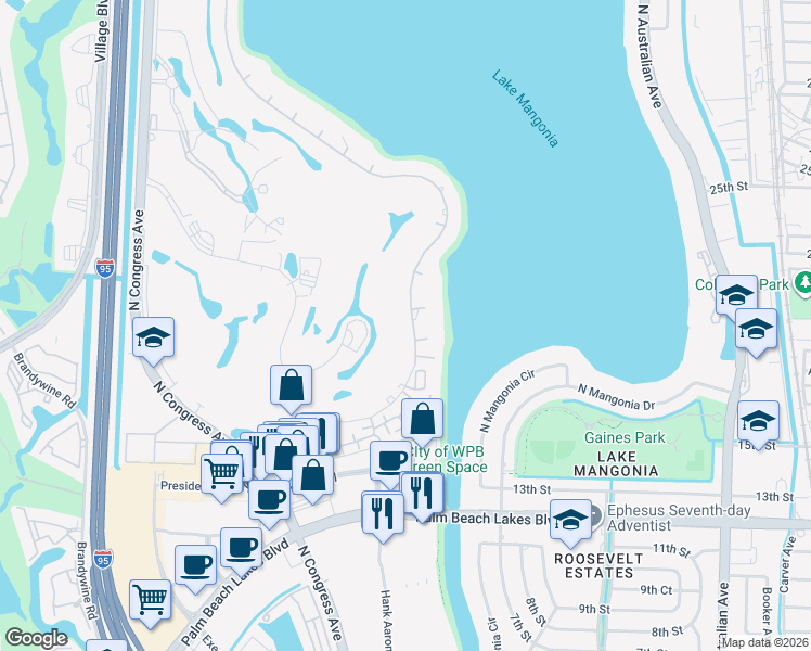 map of restaurants, bars, coffee shops, grocery stores, and more near 2001 Embassy Drive in West Palm Beach