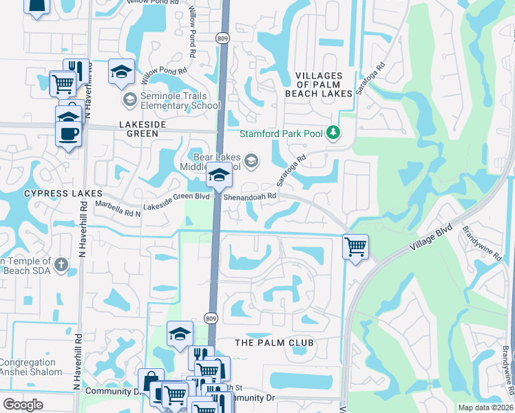map of restaurants, bars, coffee shops, grocery stores, and more near 725 Mill Valley Place in West Palm Beach