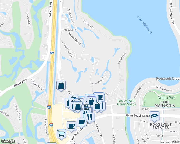 map of restaurants, bars, coffee shops, grocery stores, and more near 1731 Presidential Way in West Palm Beach
