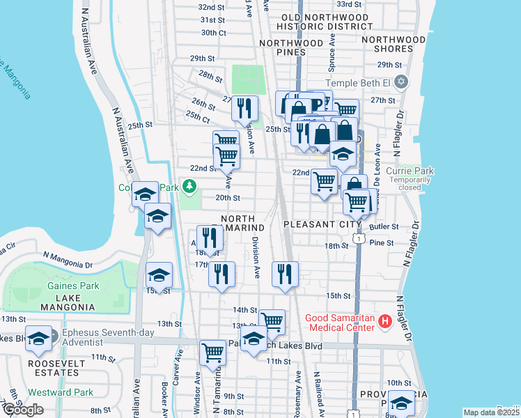 map of restaurants, bars, coffee shops, grocery stores, and more near 1909 Division Avenue in West Palm Beach