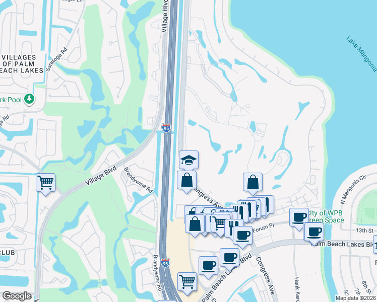 map of restaurants, bars, coffee shops, grocery stores, and more near 1860 North Congress Avenue in West Palm Beach