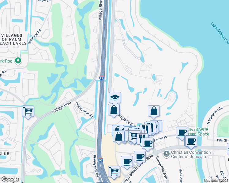 map of restaurants, bars, coffee shops, grocery stores, and more near 1880 North Congress Avenue in West Palm Beach