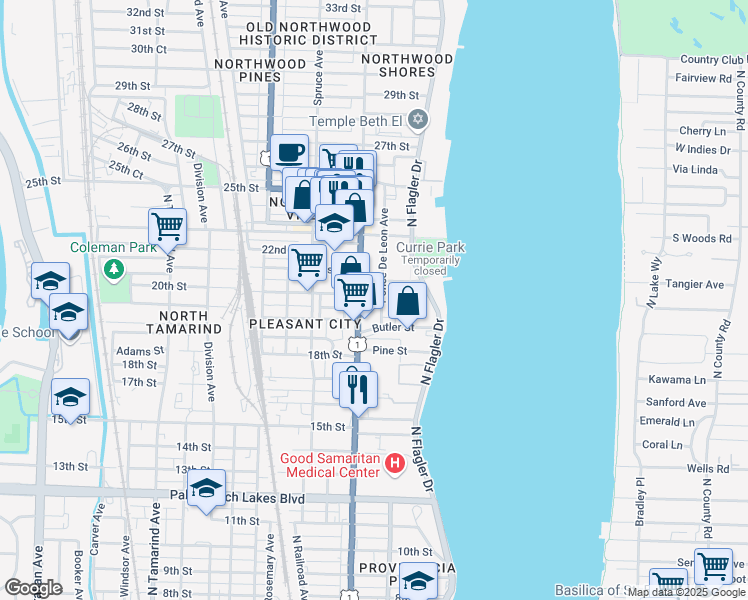 map of restaurants, bars, coffee shops, grocery stores, and more near 2010 Ponce De Leon Avenue in West Palm Beach