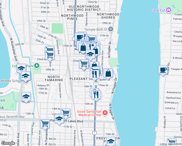 map of restaurants, bars, coffee shops, grocery stores, and more near 2007 North Dixie Highway in West Palm Beach
