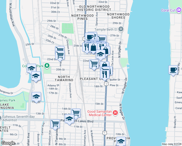 map of restaurants, bars, coffee shops, grocery stores, and more near 2009 Spruce Avenue in West Palm Beach
