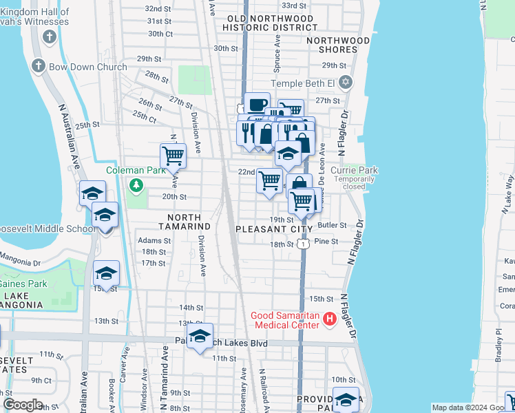map of restaurants, bars, coffee shops, grocery stores, and more near 531 19th Street in West Palm Beach