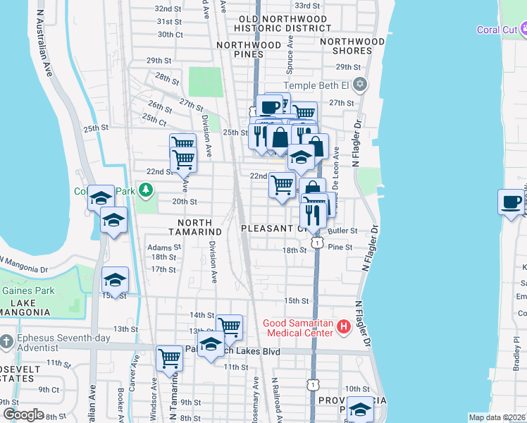 map of restaurants, bars, coffee shops, grocery stores, and more near 531 19th Street in West Palm Beach