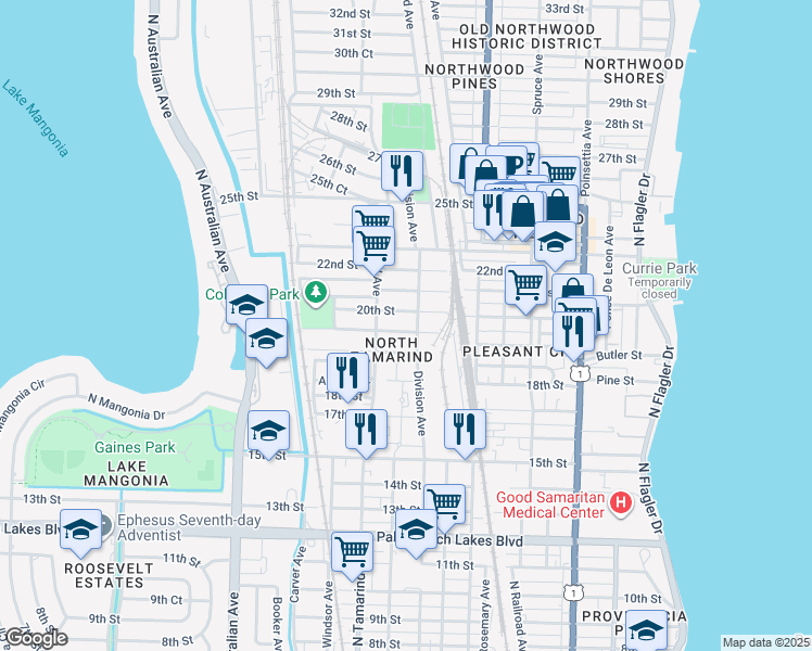 map of restaurants, bars, coffee shops, grocery stores, and more near 1909 Division Avenue in West Palm Beach