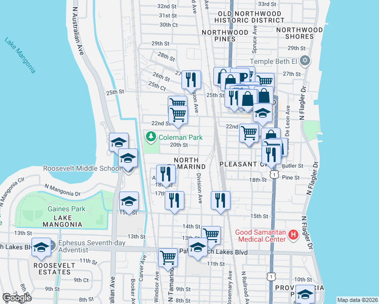 map of restaurants, bars, coffee shops, grocery stores, and more near 1909 Division Avenue in West Palm Beach