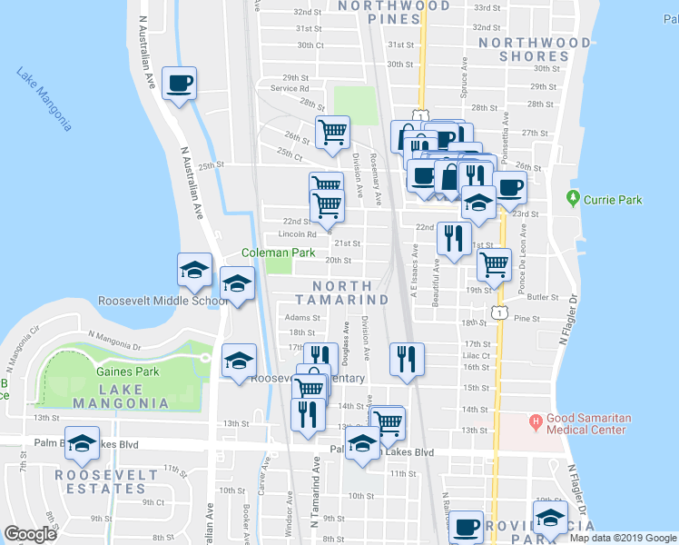 map of restaurants, bars, coffee shops, grocery stores, and more near 1940 North Tamarind Avenue in West Palm Beach