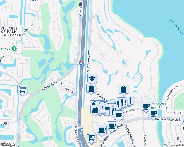 map of restaurants, bars, coffee shops, grocery stores, and more near 1860 North Congress Avenue in West Palm Beach