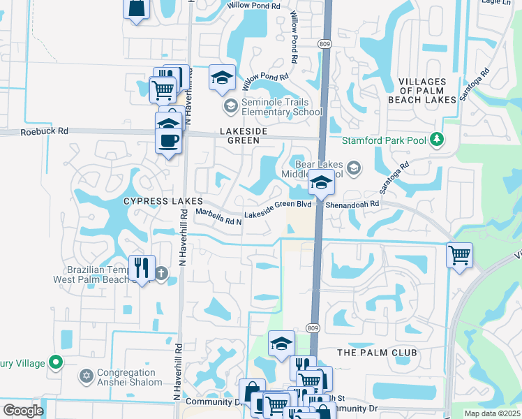 map of restaurants, bars, coffee shops, grocery stores, and more near 4734 Lakeside Circle in West Palm Beach