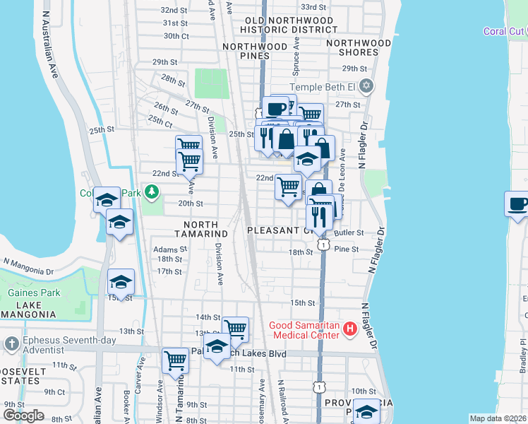 map of restaurants, bars, coffee shops, grocery stores, and more near 531 19th Street in West Palm Beach