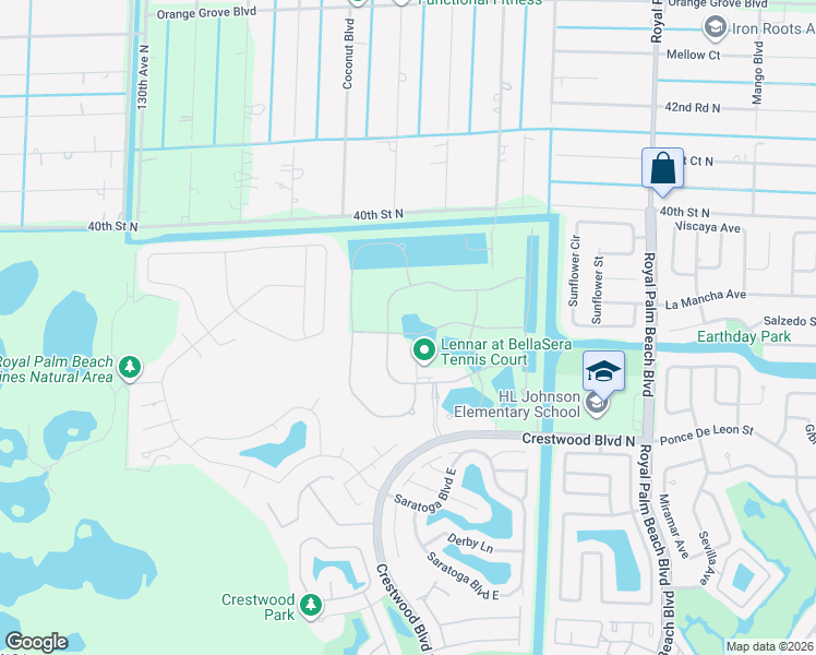 map of restaurants, bars, coffee shops, grocery stores, and more near 3322 Brinely Place in Royal Palm Beach