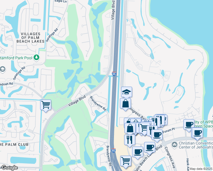 map of restaurants, bars, coffee shops, grocery stores, and more near 2300 Village Boulevard in West Palm Beach