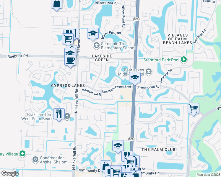 map of restaurants, bars, coffee shops, grocery stores, and more near 4734 Lakeside Circle in West Palm Beach
