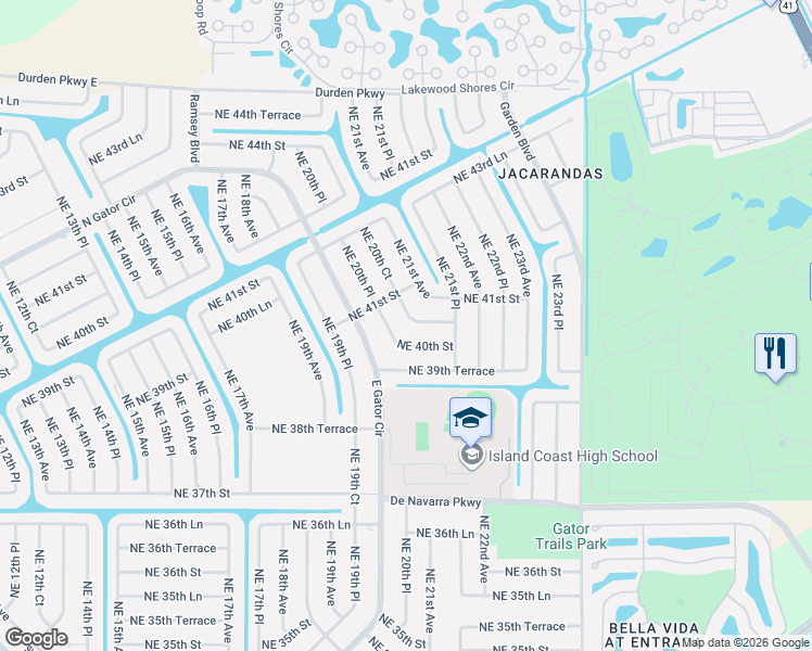 map of restaurants, bars, coffee shops, grocery stores, and more near 2024 Northeast 40th Street in Cape Coral