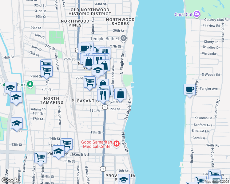 map of restaurants, bars, coffee shops, grocery stores, and more near 2207 Ponce De Leon Avenue in West Palm Beach