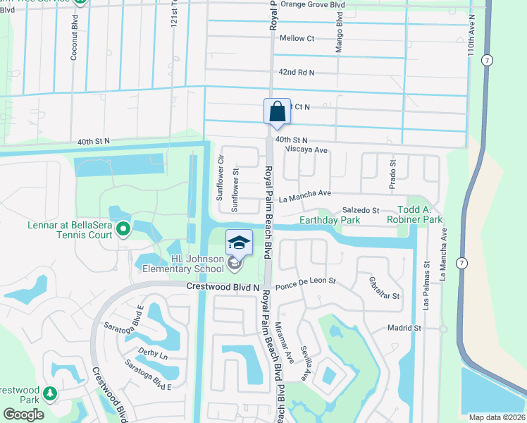 map of restaurants, bars, coffee shops, grocery stores, and more near 105 Sunflower Circle in Royal Palm Beach