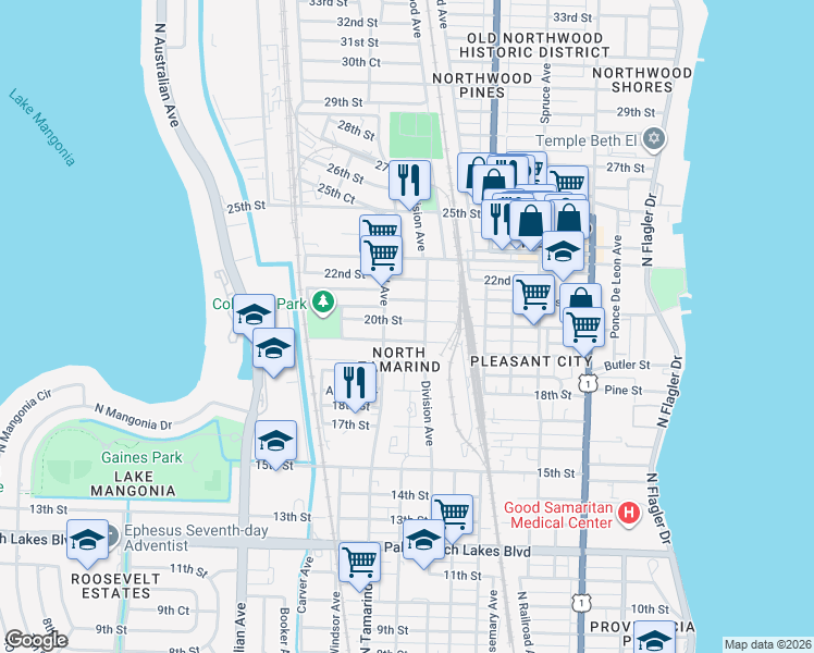 map of restaurants, bars, coffee shops, grocery stores, and more near 2115 Division Avenue in West Palm Beach