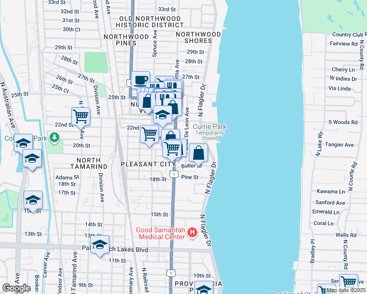 map of restaurants, bars, coffee shops, grocery stores, and more near 2207 Ponce De Leon Avenue in West Palm Beach