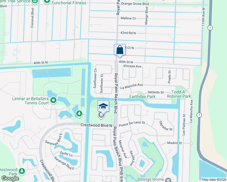 map of restaurants, bars, coffee shops, grocery stores, and more near 103 Sunflower Circle in Royal Palm Beach