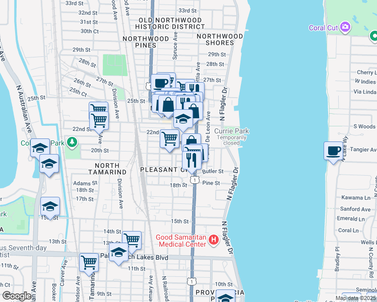 map of restaurants, bars, coffee shops, grocery stores, and more near 412 21st Street in West Palm Beach