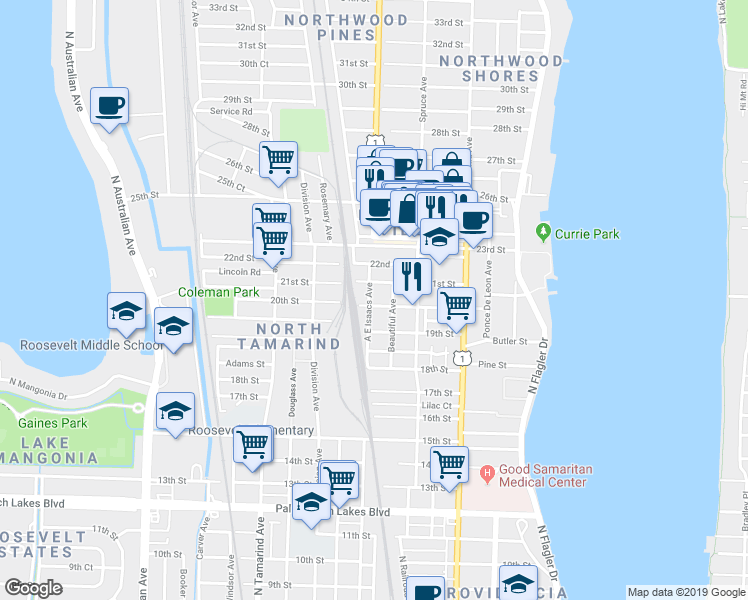 map of restaurants, bars, coffee shops, grocery stores, and more near 538 21st Street in West Palm Beach