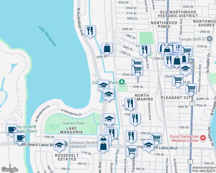 map of restaurants, bars, coffee shops, grocery stores, and more near 2100 North Australian Avenue in West Palm Beach