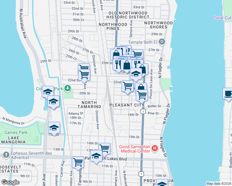 map of restaurants, bars, coffee shops, grocery stores, and more near 538 21st Street in West Palm Beach