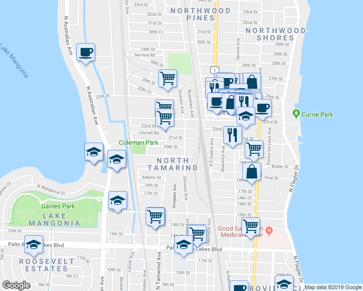 map of restaurants, bars, coffee shops, grocery stores, and more near 2115 Division Avenue in West Palm Beach